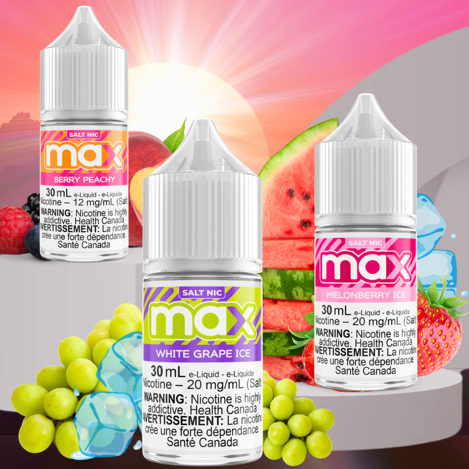 Max E-Liquid Salt Nicotine 30ml Collection at Okotoks Vape SuperStore in Alberta Canada