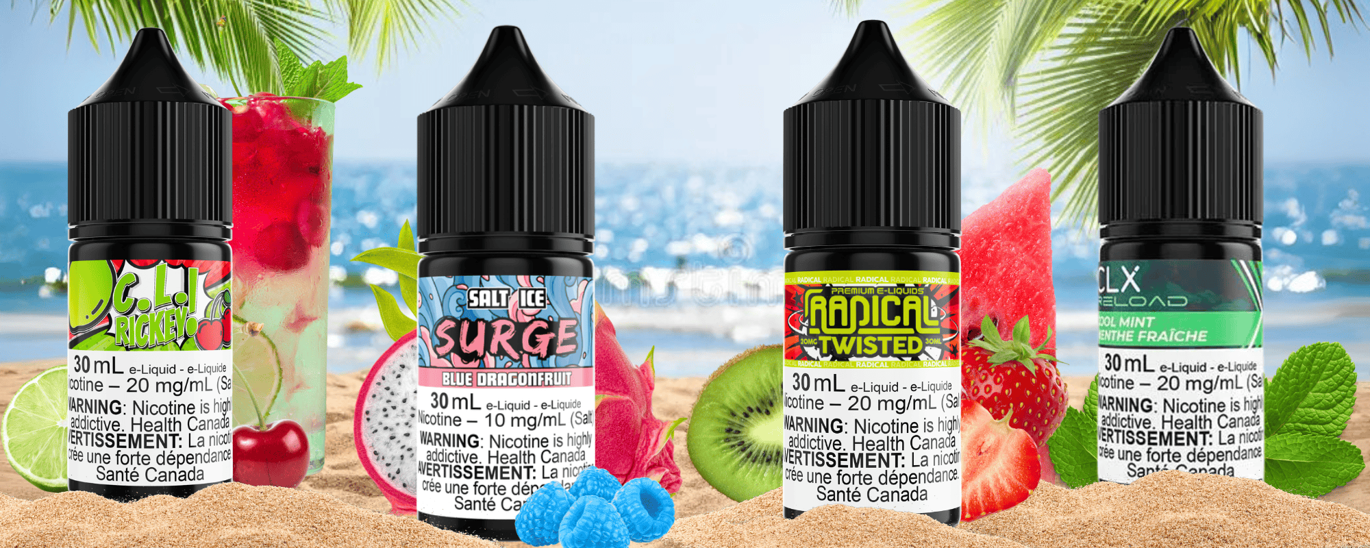 Maverick C.L. Rickey, Surge Blue Dragonfruit, Radical Twisted, CLX Cool Mint Salt E-Liquid Okotoks Vape SuperStore and Bong Shop Alberta Canada