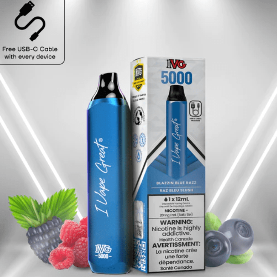 IVG 5000 Rechargeable Disposable Vape Blazzin' Blue Razz 12ml / 20mg Okotoks Vape SuperStore Okotoks Alberta