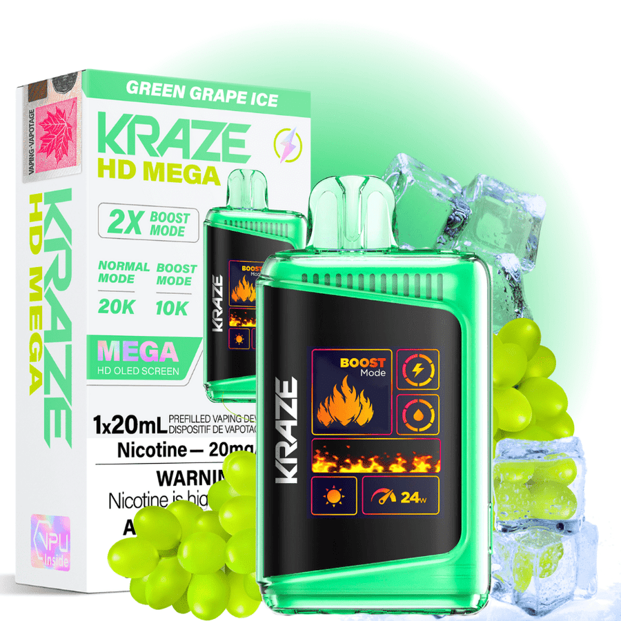 Kraze HD Mega 20k Disposable Vape - Green Grape Ice 20000 Puffs / 20mg Okotoks Vape SuperStore Okotoks Alberta