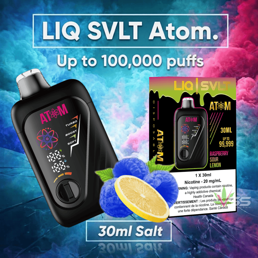 LIQ SVLT Atom 100K Disposable Vape-Raspberry Sour Lemon Okotoks Vape SuperStore Okotoks Alberta