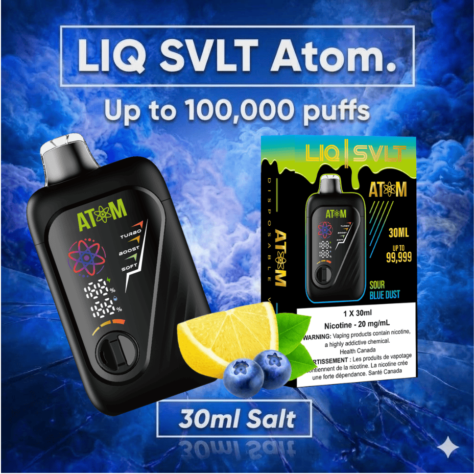 LIQ SVLT Atom 100K Disposable Vape-Sour Blue Dust Okotoks Vape SuperStore Okotoks Alberta